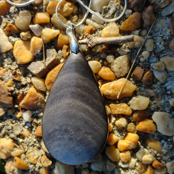 Large Black Obsidion Gemstone Pendant (2.5") -  w/ 925 Silver Overlay Chain - Picture 2 of 14